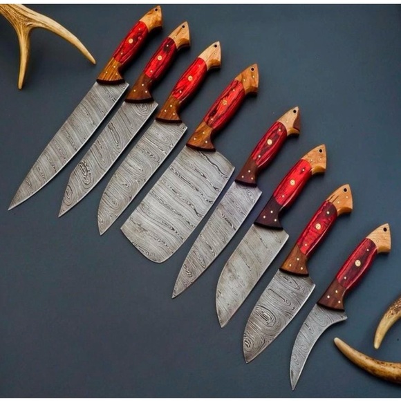 Handcrafted Damascus Steel Knife Set with Red and Wood Handles